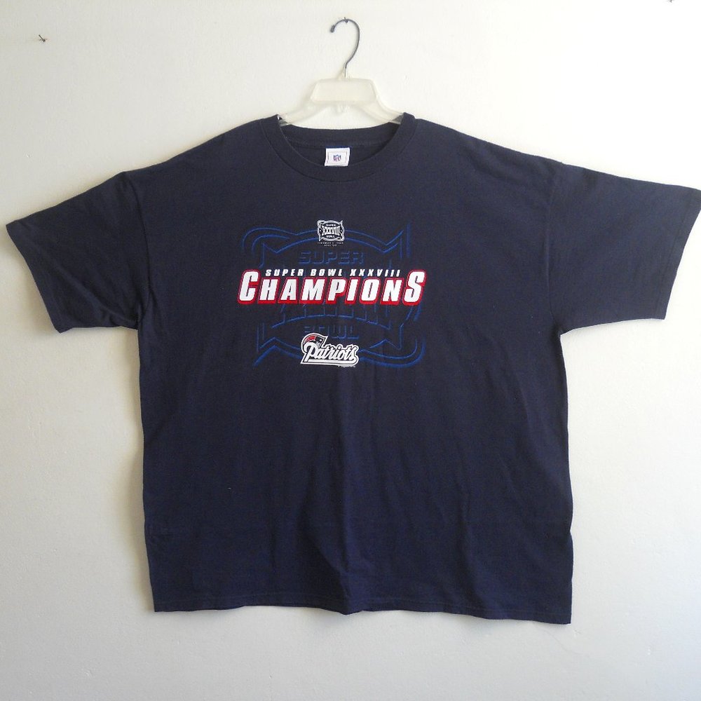 Patriots Tee, Super Bowl XXXVIII Champions 2004, Size 3X, Dark Blue, NFL Gear